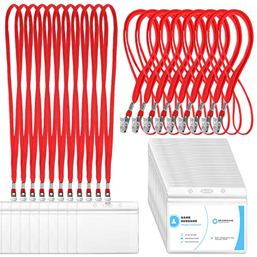 Image of Marspark 100 Sets Clear Name Tags with Lanyard, Lanyards for ID Badges Reusable Strap with ID Holder Plastic Name Badges for Adults Business School Church Conference (Red)