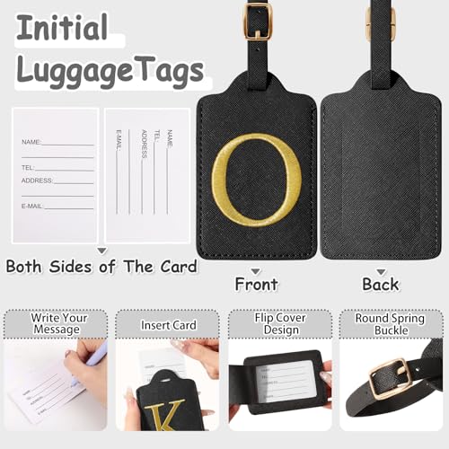 Image of Initial Letter Luggage Tags for Suitcases, Personalized Embroidered Letter Luggage Bag Suitcase Identifier Name Tag, Cute PU Leather Travel Luggage Tags, Bag Tags for Luggage Handbags(Black O)