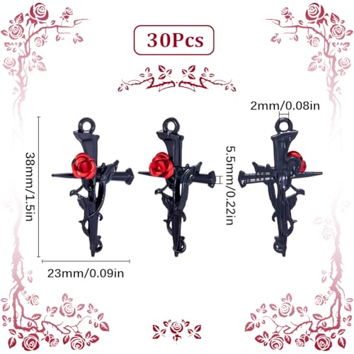SUNNYCLUE 30pcs Rose Cross Gothic Style Black Crosses Red Rose Flower Beads Crucifix Charms for Jewellery Making DIY Earrings Necklace Supplies - Image 2