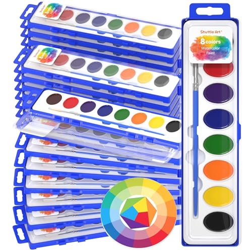 Shuttle Art 24 Pack Watercolor Paint Set 8 Colors with Paint Brushes & Color Wheels Washable for Kids & Adults Suitable for Classroom Parties Kindergarten & Art Activities