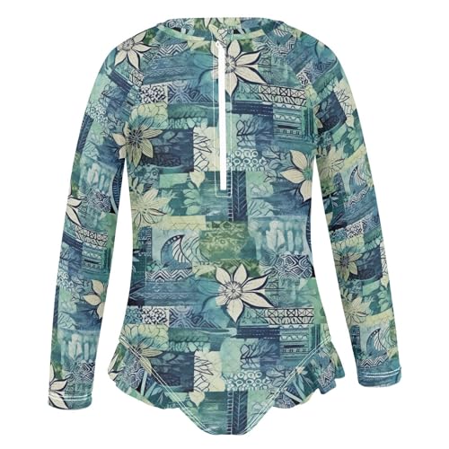Blue Green Ethnic Girls Long Sleeve Swimsuit UPF 50+ Rashguard Swimwear One Piece Bathing Suit for 3-12 212160414