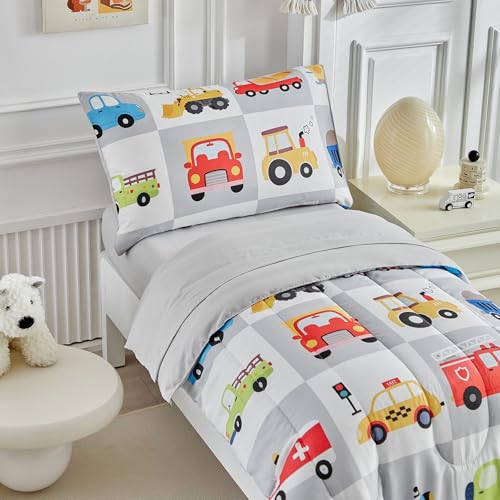 Image of White Gray Toddler Bedding Set for Boys Girls Colorful Cars Vehicle Auto Fire Engine Bulldozer 4PC Toddler Bed Set - Soft Cute Toddler Plaid Patchwork Bed in a Bag with Sheet Set and Pillow Shams