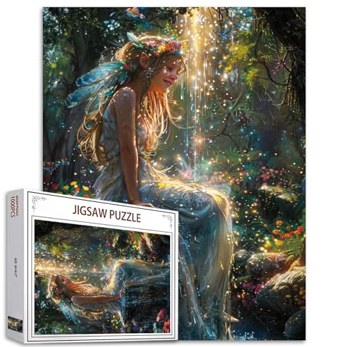 Tucocoo Puzzle 1000 pièces pour adultes, ange dans la forêt, jardin, peinture, magique, brillant, fée, jeu, sourire, fille, paysage, art, décoration...