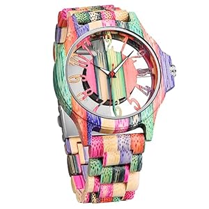 Dentily Wooden Watches for Men Handmade Colorful Bamboo Engraved Wood Watch Analog Quartz Men’s Wooden Watch