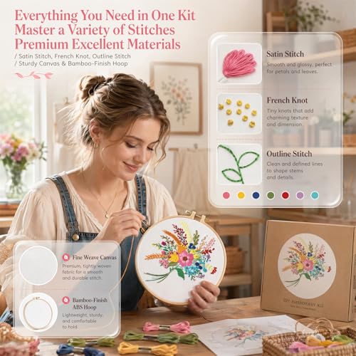 Image of Huacan Embroidery Kit for Beginners Flower Pattern Printed Fabric with Hoop & Full Tools