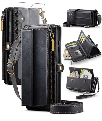 Asuwish Phone Case for Samsung Galaxy S23 FE 5G Zipper Wallet Cover with Screen Protector and Crossbody Lanyard Strap Flip RFID Blocking Card Holder Cell S 23 EF S23FE 23S Women Men Black