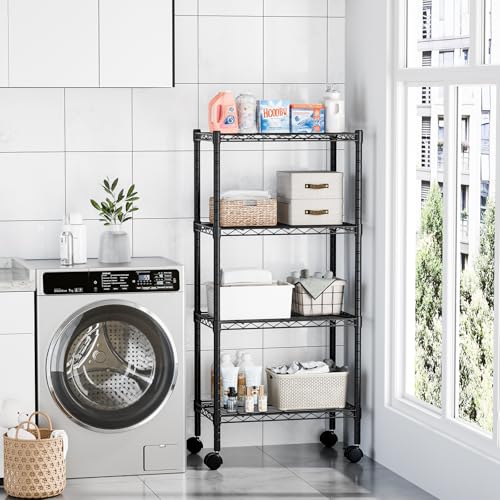 Image of DUMOS 4-Tier Metal Storage Shelves, Shelving Unit, Storage Rack, 23.2 inch W | 47 inchH, Lockable Wheels, Wire Adjustable Standing, Heavy Duty Steel Organizers, Kitchen Bathroom Pantry Garage Office
