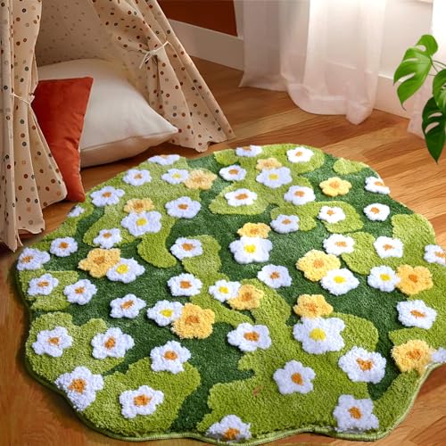 Image of Yhoelata Rug Floral Area Rugs, Large 3ft Plant Flowers Bathroom Rug, 3D Cute Green Forest Leaf Aesthetic Plush Bath Shower Mat, Soft Microfiber Shaggy Carpet for Kid's Bedroom Living Room