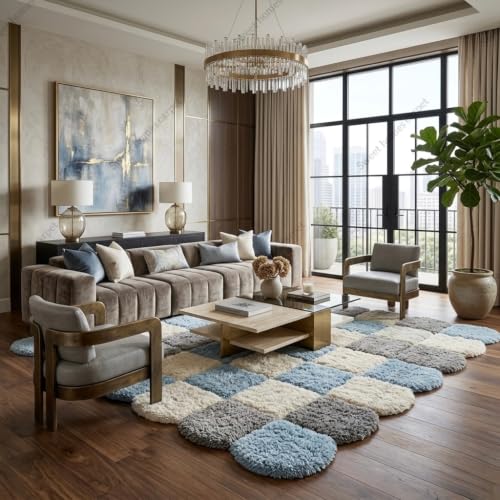 Image of SWEET HOMES Irregular Carpet Handwoven Shaggy Checkered Area Rug | Ultra Soft Plush Anti-Skid Backing, 12 x 15 Feet (366 x 457 cm), Blue & Grey