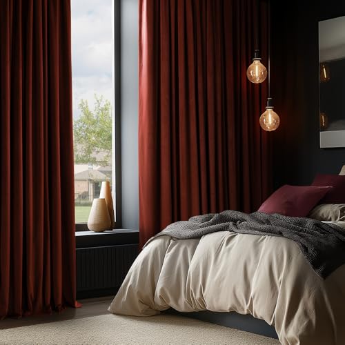 HPD Half Price Drapes Signature Blackout Velvet Curtains 96 Inch Long (1 Panel) 4-Pass Hotel Blackout Lined Window Curtains Thermal Blackout Curtains for Bedroom, Living Room, 50W x 96L, Crimson Rust