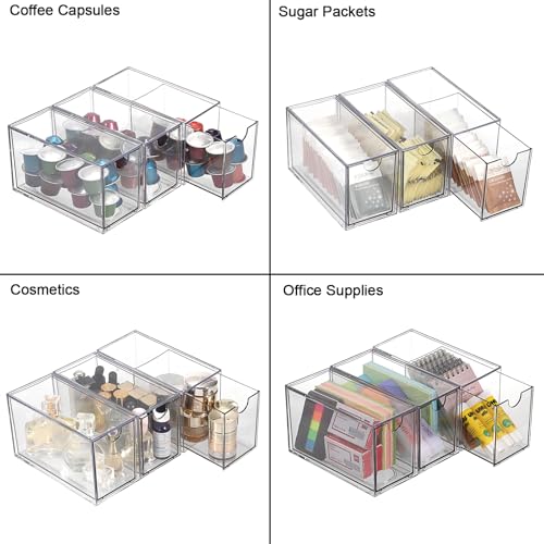 OGANAZI 3 Pcs Klein Teebeutel Organizer Acryl Aufbewahrungsbox mit Schubladen Durchsichtig Stapelbar Schubladenboxen für Kaffeekapseln, Schreibwaren, Kosmetik, Schmuck zum Schreibtisch, Schminktisch