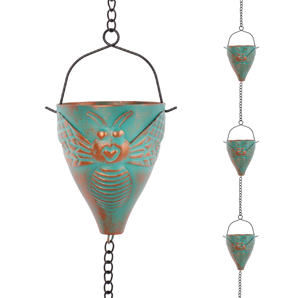 10 FT Rain Chain for Outside, Rain Chain with 10 Bee Pattern Cups Adjustable Rain Catcher Chain for Gutters, Eaves, Drainage, Replacement for Downpout