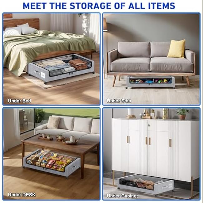 Beborxue Under Bed Storage with Wheels, 4-Pack Under Bed Storage Containers with Clear Lids, XXL 60L Under the bed storage Organizer Bins, Rolling Under Bed Metal Drawer for Clothes,Shoes,Toys (Gray)