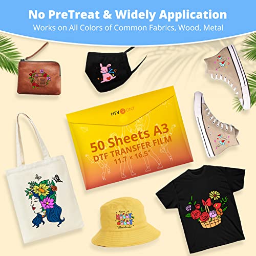 Htvront Dtf Transfer Film For Sublimation - 50 Sheets Of A3 (11.7×17") Dtf Paper For Inkjet Printers, Direct To Film Transfer Paper For Cotton T Shirts, Easy To Use, Vivid Colors, Easy To Indentify #TOP2