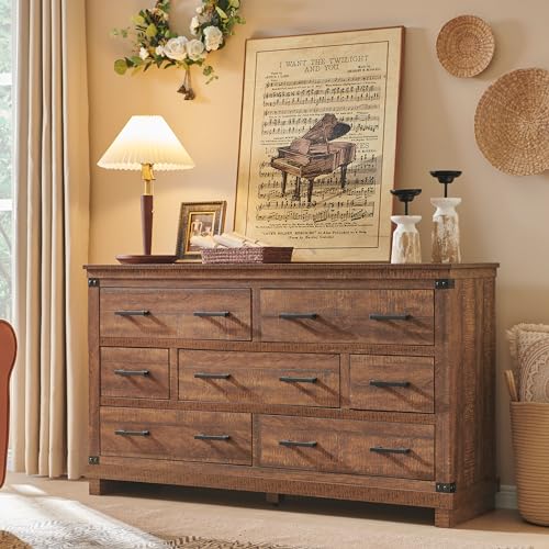 Image of Farmhouse 7 Drawers Dresser for Bedroom, Large Chest of Drawers with Thick Plank Styling, Wood Closet Dresser for Bedroom or Living Room, Reclaimed Barnwood Color
