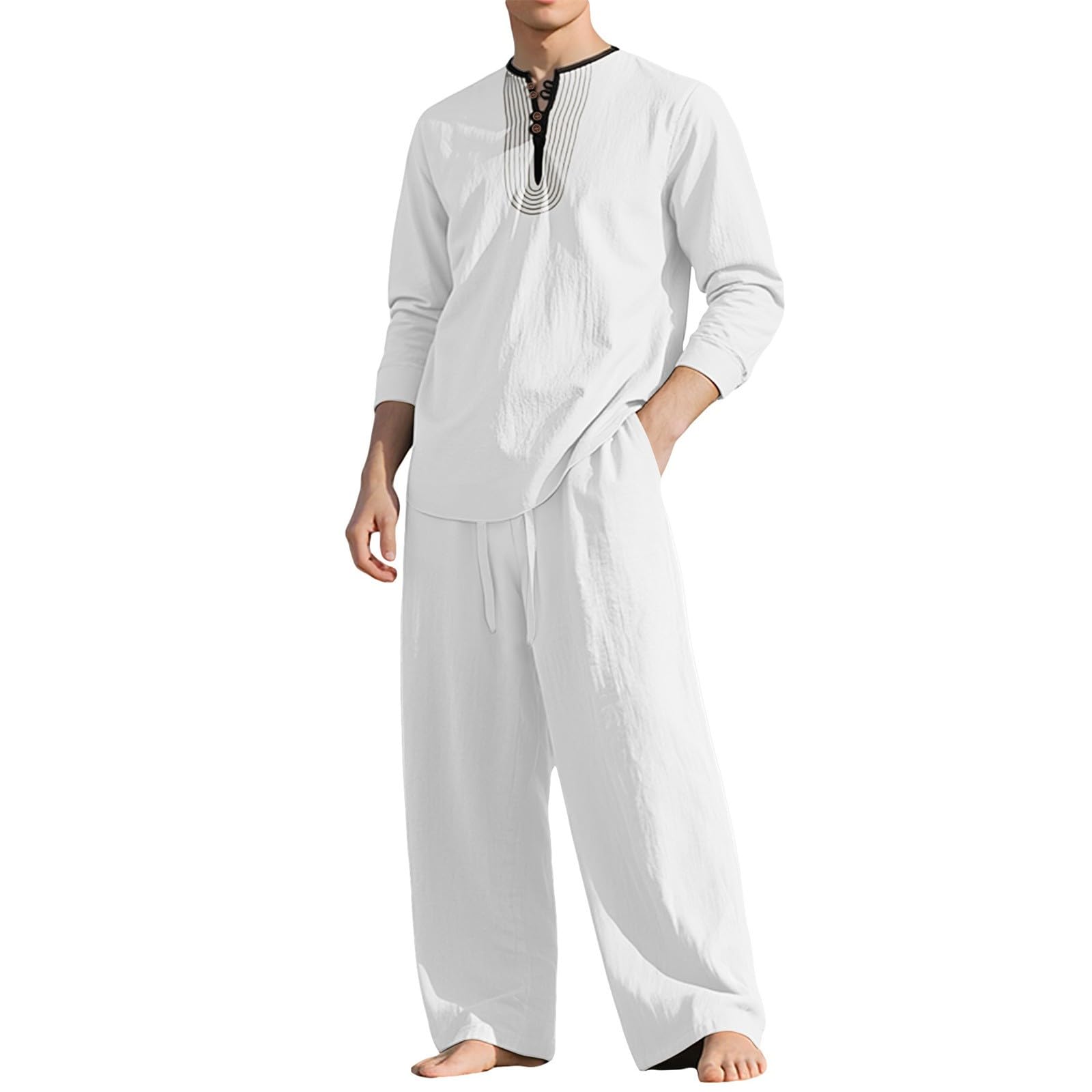 Traje de ocio para hombre de verano, traje de jogging de 2 piezas, tela de lino, transpirable, traje de casa, cuello redondo, camiseta de manga larga y holgado, traje de ocio para camping, casa