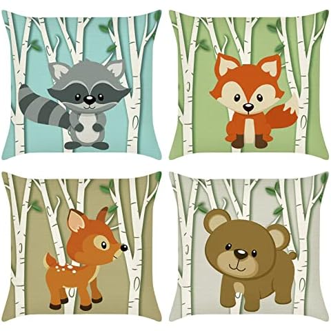 Bonhause Forest Animals Cushion Covers 45cm x 45cm Set of 4 Deer Fox Birch Tree Decorative Throw Pillow Covers Polyester Linen Pillowcases for Childrens Bedroom Indoor Outdoor Decor Cover