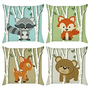 Bonhause Set of 4 Cushion Covers Forest Animals 45 x 45 cm Fox Animals Birch Tree Polyester Linen Decorative Children Cushion Cover Decorative Cushion Covers for Sofa Bedroom Living Room Car Home Decoration