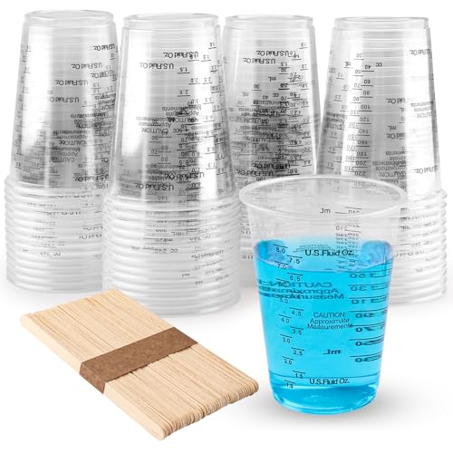Zosenyer 50 pièces Transparent Doseur avec Gradué, 240ml Gobelet Doseur en Résine époxy en 50 Bâtonnets de Mélange Liquide, pour Liquides, Peinture, Pigments