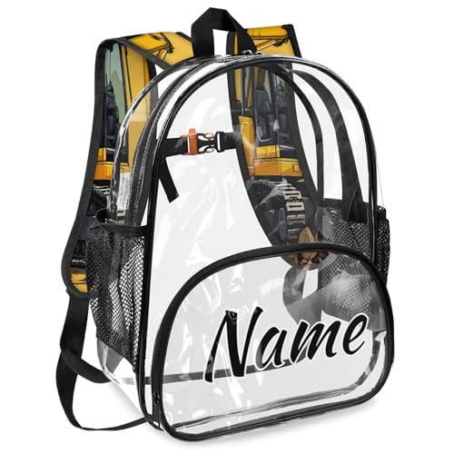 BulldozerPersonalized Clear Small Backpack for Stadium Events Construction Vehicle Custom Transparent Backpacks with Name Heavy Duty PVC Plastic See Through Clear Bag for Concerts