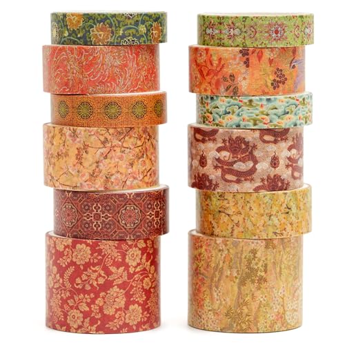 Songdao 12 Rolls Chinoiserie Washi Tape Set Chinese Arts Adhesive Tapes Geometric Garden Decorative Masking Tape Sets for Craft, Kids, Scrapbook, DIY, Gift Wrapping (Moon Over The Borderlands)