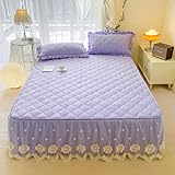 ANAZOZ Bettlaken 150x200cm mit Gummizug, Spannbettlaken Polybaumwolle Lila mit Bestickter Spitze, Bettspanntuch Waschbar