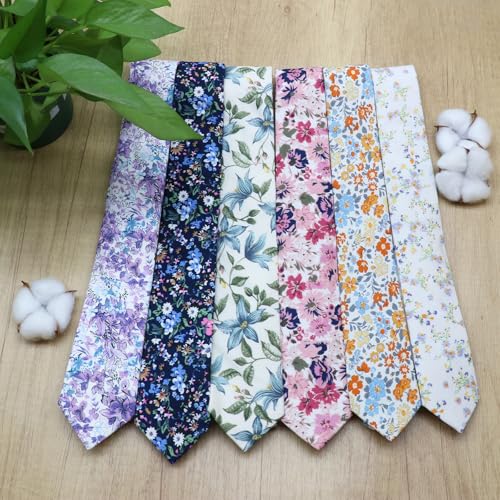Image of Cotton Floral Ties for Men 2.76 inch Men's Skinny Tie Linen Flower Printed Neck Tie for Wedding Dating Party