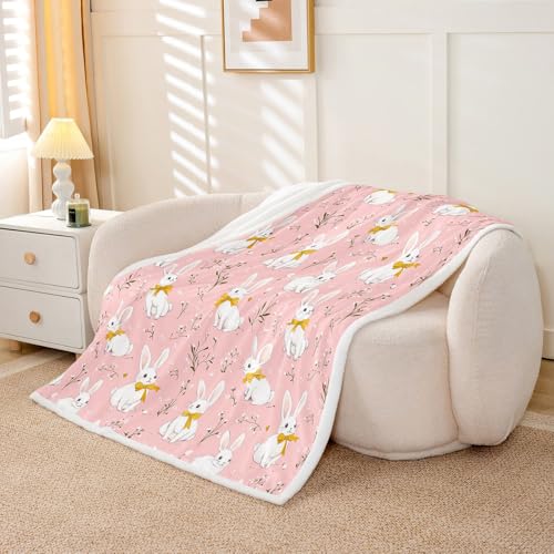 Image of Cute Rabbit Throw Blankets Cartoon Bunny Pink Fleece Flannel Throws Boys Girls Lovely Little Floral Rabbit Decor Soft Cozy Fleece Blankets Botanical Animal for Sofa Bed Couch,40x50 Inches