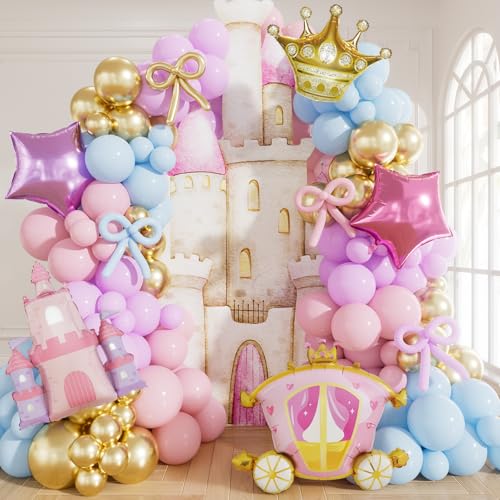 Adeyoo Princess Balloon Arch Kit Garland - Pink and Purple Balloon Arch Kit with Castle Carriage Crown Foil Balloons Shiny Princess Balloons for Girls Women Birthday Fairytales Party Decortions