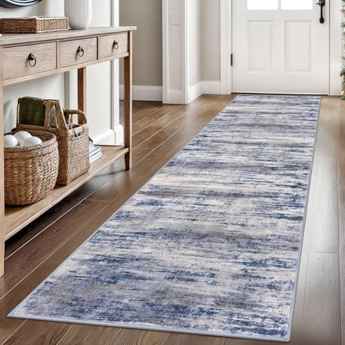 KOZYFLY Modern Abstract Hallway Runner Rug, 2.6x8 Washable Rug Runner Non-Slip Soft Striped Kitchen Runner Rugs, Print Distressed Grey Blue Carpet Runner for Entryway Bathroom Laundry Room Foyer