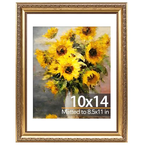 JCJMY 10x14 Vintage Picture Frame for 30 x 40cm Diamond Art Painting with 8.5x11 Mat Elegant Retro 10 by 14 Photo Frame with Shatter-Resistant Plexiglass for Wall Gold 1 Pack