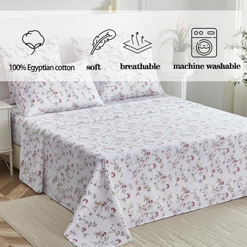 Image of FADFAY Sheets Set Cal King Rustic Pink Floral Botanical Bedding 100% Egyptian Cotton Bed Sheet Set Soft Breathable for All Season Bedoom Decor with 17.7 Deep Pocket Fitted Sheet, California King Size