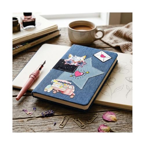 Image of COI Denim Notebook Diary Hard Bound, A5 Cute Journal for Girls & Women, 156 Ruled Pages 70 GSM Bleed Free Paper, Kawaii Patches Design, Daily Planner Notebook for Writing, School College Office & Travel Gift