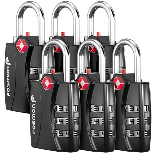Fosmon Luggage Locks TSA Approved 6 Pack, Suitcase Locks with Open Alert Indicator, 3 Digit Combination Padlock with Alloy Body for Travel, Backpack Zipper Anti Theft, Locker, Gym, Gun Case- Black