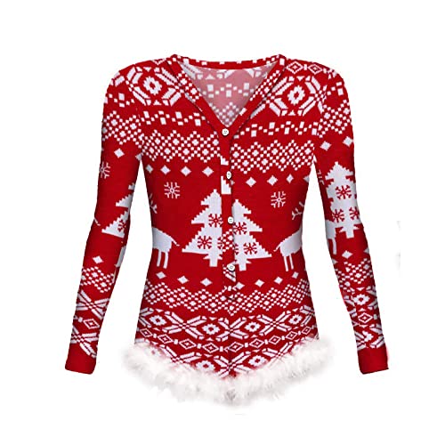 Kerstonesies voor vrouwen, sexy diepe V-hals, kerst, pluizige trim, jumpsuit, sexy bodycon pyjama, rompertje - Afbeelding 4