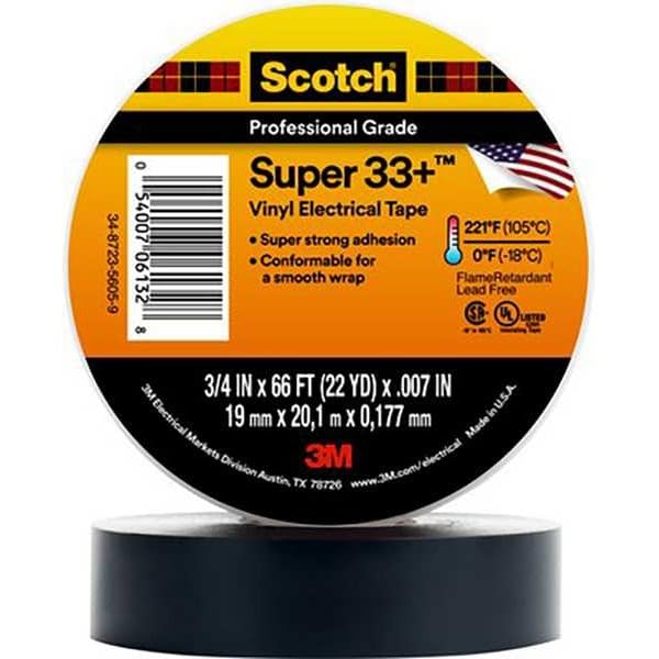 Image of 3M Scotch Super 33+ Electrical Tape, 2 in x 66 ft, 1 Roll, Black