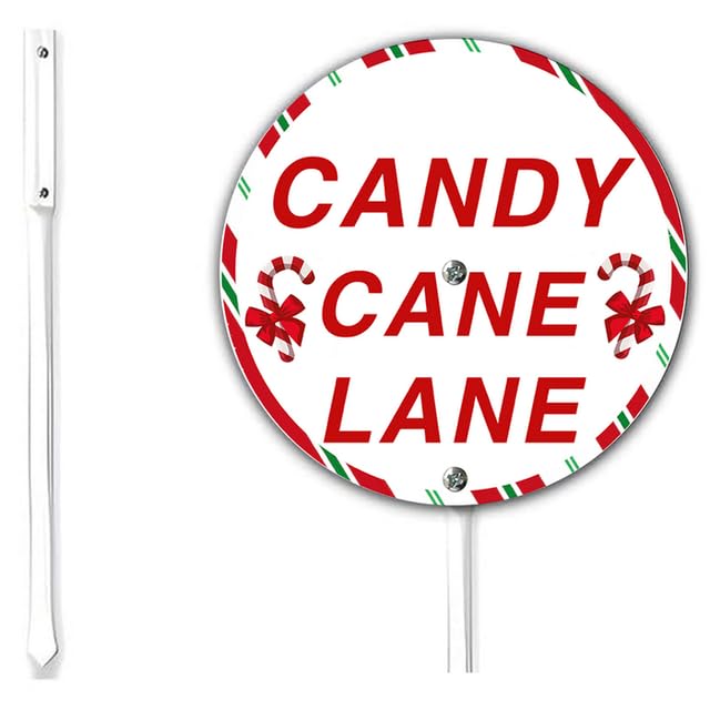 Kurmntregon Candy Cane Lane Yard Sign With Stake Christmas Yard Sign Round 9.2inch Aluminum Outdoor Yard Decorations Winter Xmas Candy Lawn Decor For