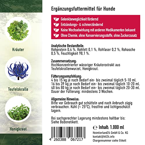TJURE Teufelskralle Liquid für Hunde | 1000 ml | Ergänzungsfuttermittel mit Teufelskralle | Zur Unterstützung der normalen Beweglichkeit | Pflanzliche Rezeptur | Made in Germany | Ohne Zusatzstoffe