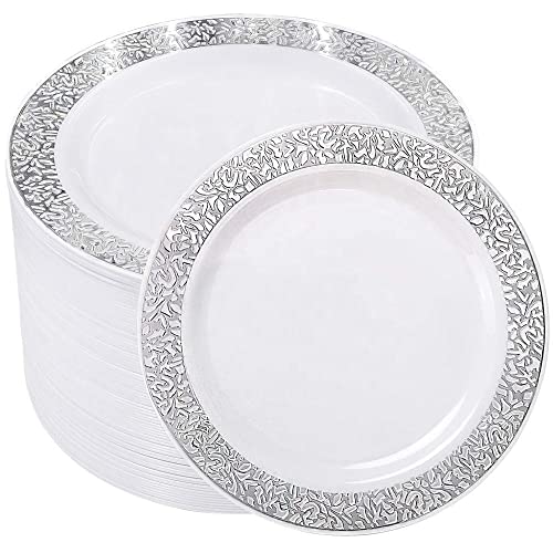 Assiettes en plastique réutilisables dorées - Assiettes en plastique pour fête de mariage en dentelle, assiettes en dentelle dorée, assiettes à dîner, paquet de 20 (10,25 pouces argent 20 pièces)