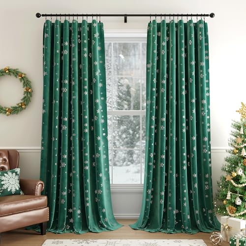 Image of Beauoop Christmas Green Velvet Curtains 96 Inches Long 2 Panels for Bedroom Living Room Silver Snowflake Holiday Decor Thermal Insulated Room Darkening Rod Pocket Window Treatments Drapes, 52X96