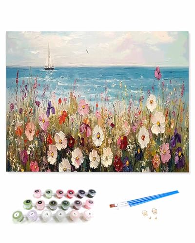 VamJump 数字油絵 手塗り 花 風景 油絵 海 春 DIY絵 初心者 時間をつぶす 壁飾り アートクラフト 絵画手芸キッ 絵の具をつける 塗りつぶし掛け 40x50cm