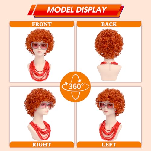 Image of Women Roper Curly Orange Red Cosplay Wig with Necklace Earrings and Sunglasses for Women Hallween Costume Wig