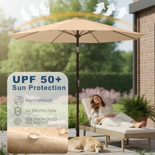 Image of 9' Solar LED Patio Umbrella with Tilt & Crank|8 Sturdy Ribs,UV Protection,Outdoor Market Table Umbrella for Deck,Lawn,Pool,Backyard (Khaki)