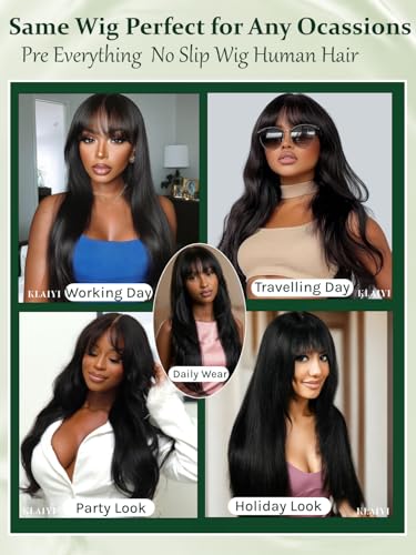 Image of KLAIYI Bye Bye Slip Yaki Straight 7X5 Precut Lace Front Human Hair Wig with Wispy Bangs Layer Cut Drawstring Glueless 3S Ready to Wear and Go Wig Pre Plucked Bleached Knots Natural Blowout Wig 20Inch