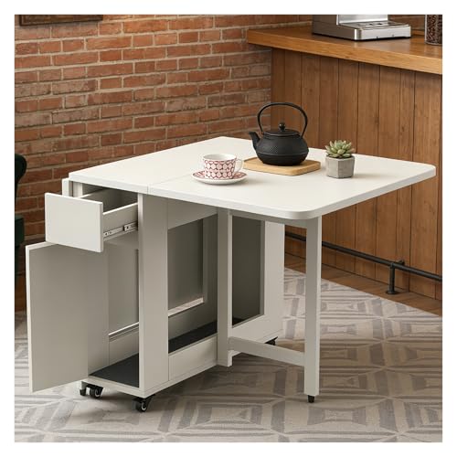 Genérico Mesa Plegable Madera con Cajones De Almacenamiento Y 4 Sillas,Mesa De Alas Abatibles para 6-8 Personas,para Decoración De Interiores Moderna(White)