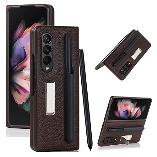 Coque Samsung Galaxy Z Fold 3 avec porte-stylo S Pen, housse protection rigide cuir marron foncé