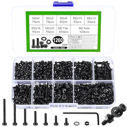 1260 Stück M2 Schrauben Set, Innensechskantschrauben Muttern Set, Zylinderkopfschrauben und Muttern und Unterlegscheiben Set, Gewindeschrauben Set mit Muttern, Schwarz Maschinenschrauben Sortiment
