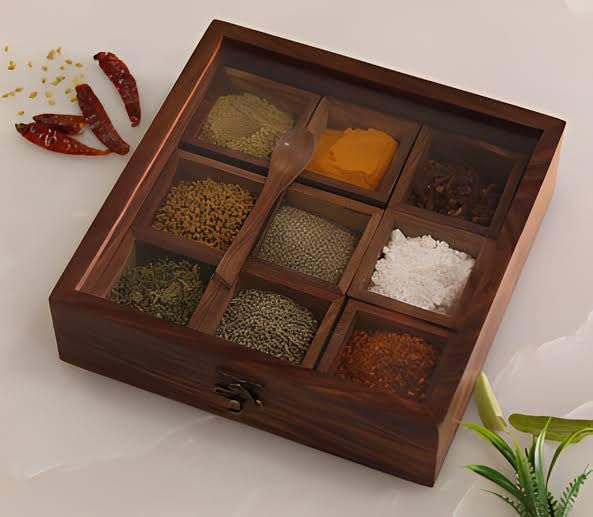 UMAAS® Spice Box for Kitchen with 2 Spoons/Sheesham Wooden Table Top Masala Dabba 9 Containers Jars & Kitchen Spice Box/Masala Box for Kitchen (Removable Partitions, Brown), an*51