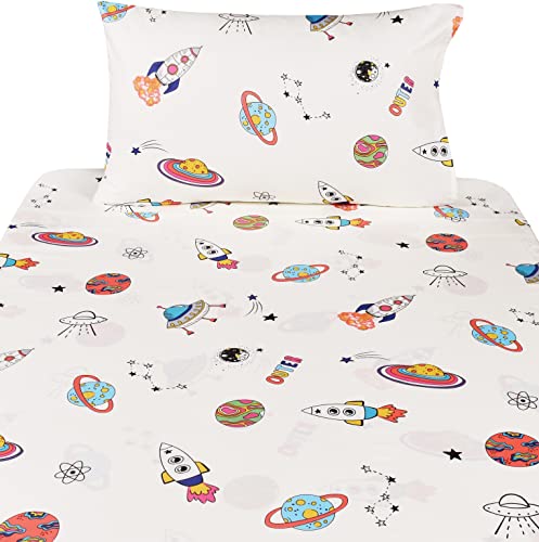 J-Pinno Outer Space Planet Rocket Travel Adorable Twin 100% Cotton 3 Pieces Sheet Set For Kids Girls Children Flat Sheet + Fitted Sheet + Pillowcase Bedding Decoration Gift Set #TOP2