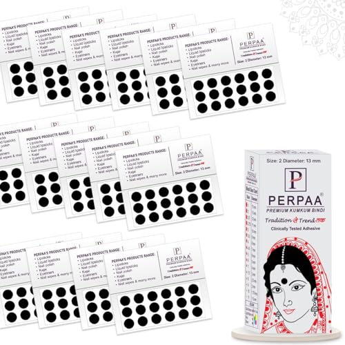 Image of PERPAA Kumkum Velvet Round Sticker Bindi Box of 15 Flaps for Ladies Women Forehead Bindi (Stick On) (Size 2, Diameter 13mm, Black)-Self-Adhesive